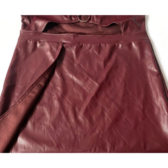 Pretty Little Thing Mini Dress Womens 12 Burgundy Faux Leather Cut Out Bodycon - Picture 7 of 16